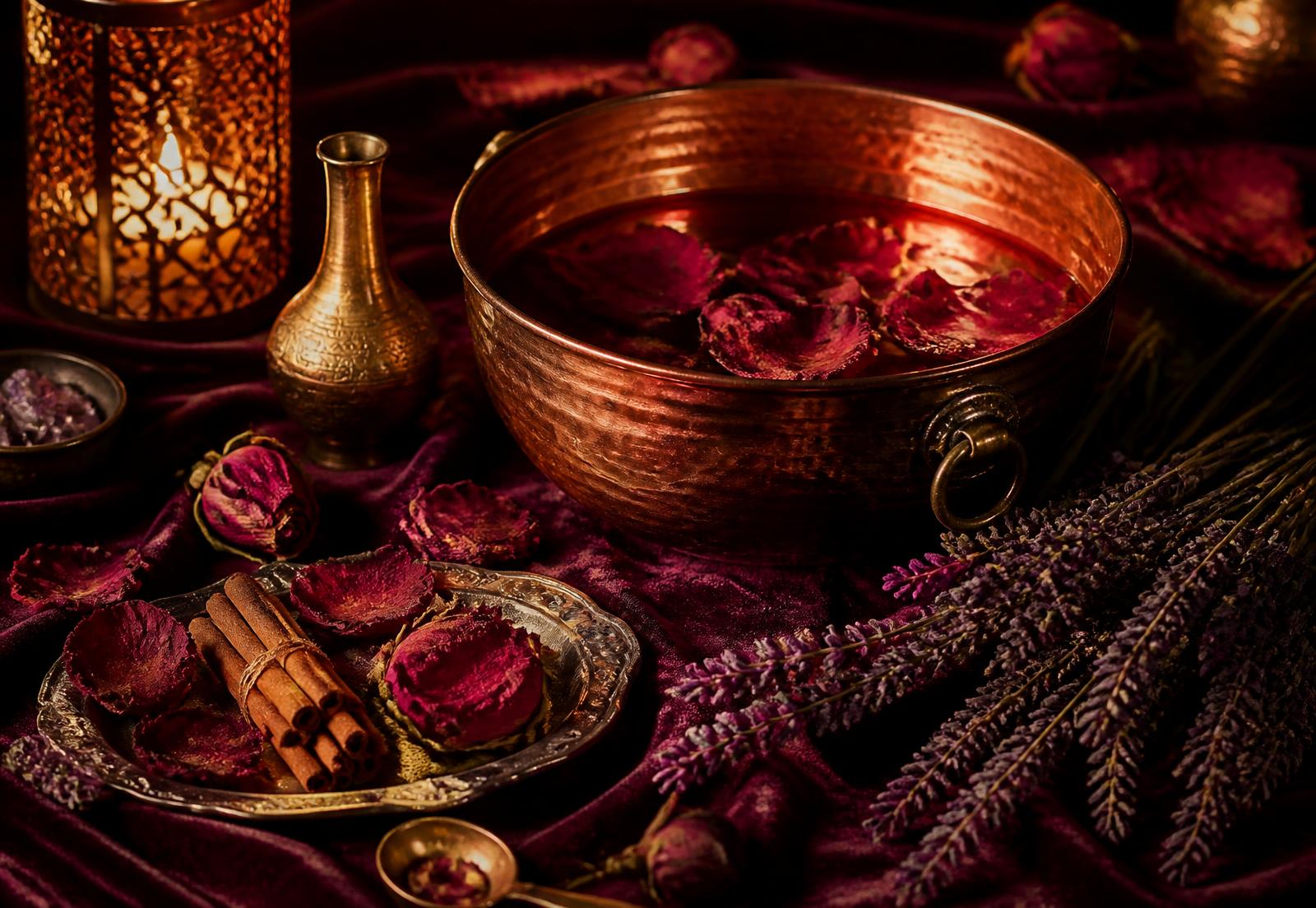 Pétalas de rosa, canela e lavanda ao redor de um recipiente de cobre à luz de velas