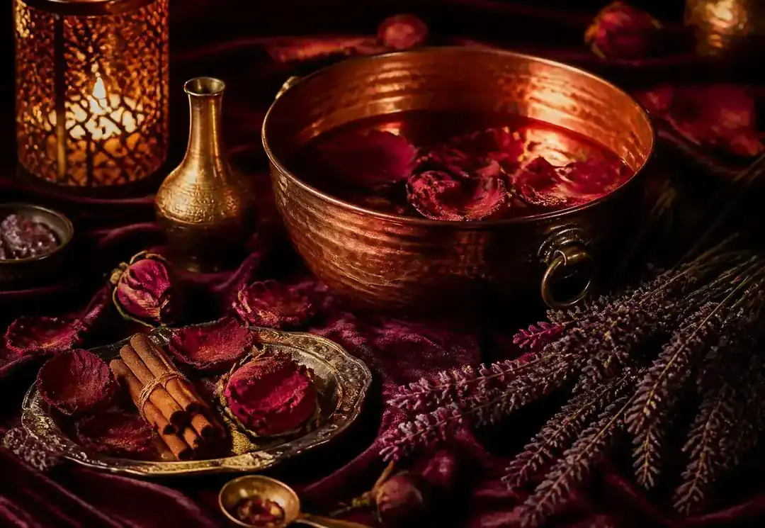 Pétalas de rosa, canela e lavanda ao redor de um recipiente de cobre à luz de velas